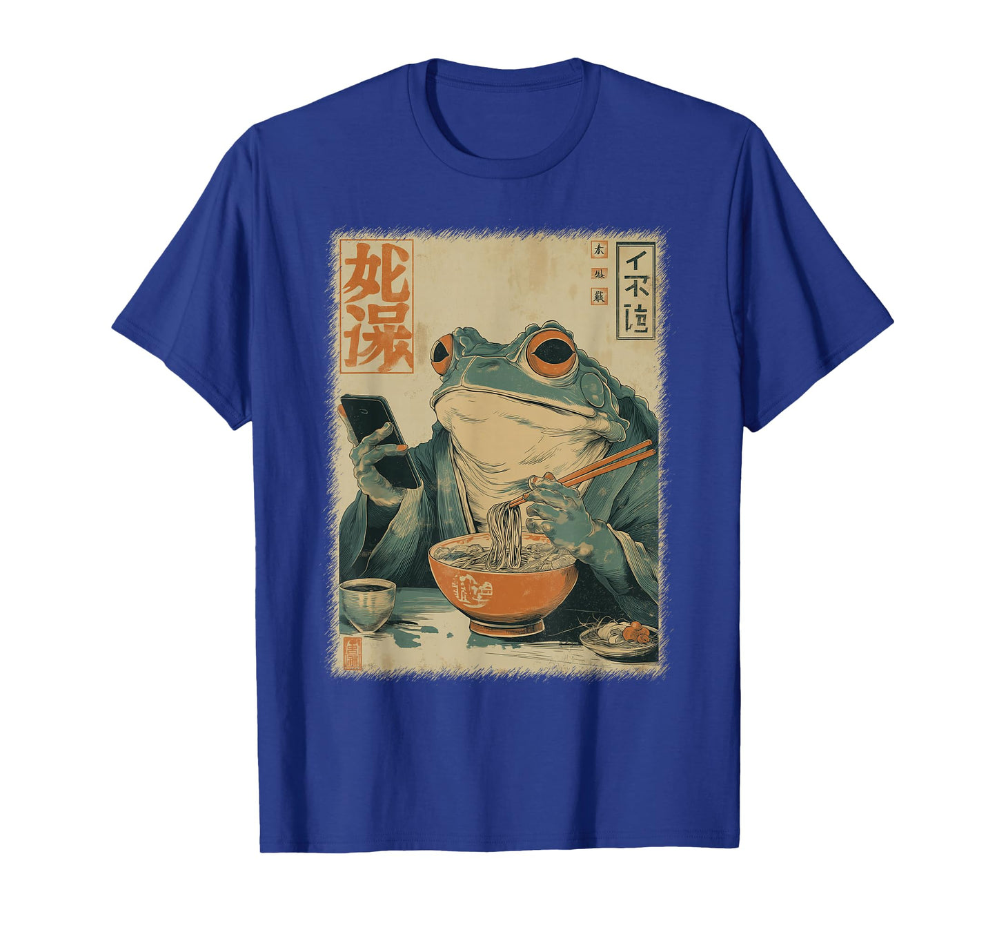 Funny Grumpy Frog Eat Ramen and Scroll Phone Japanese Art T-Shirt
