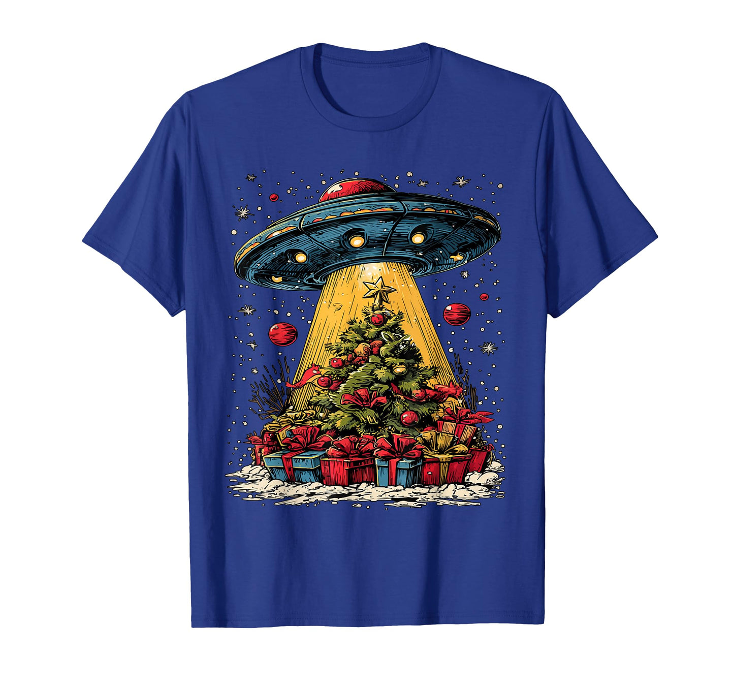 Funny Christmas Tree and UFO Snowflakes Alien Lovers Snowy T-Shirt