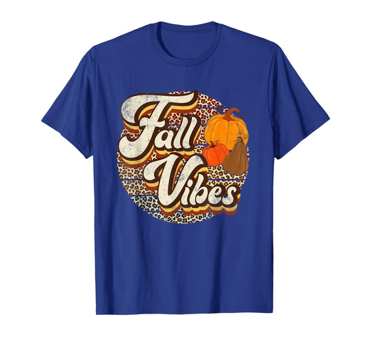 Retro Groovy Fall Vibes Leopard Thanksgiving Autumn Womens T-Shirt