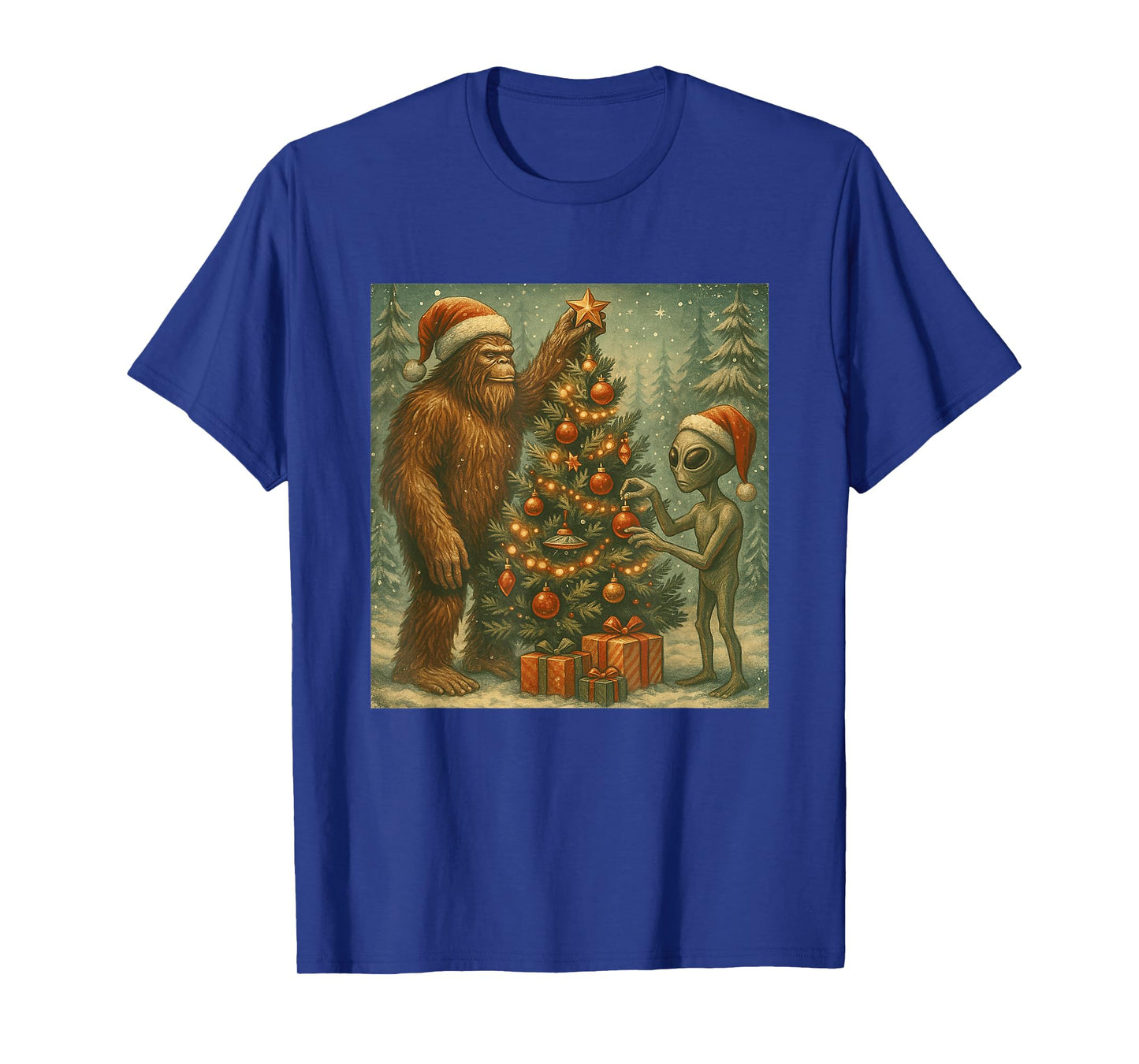 Alien and Bigfoot Decorating Christmas Tree Sasquatch Retro T-Shirt