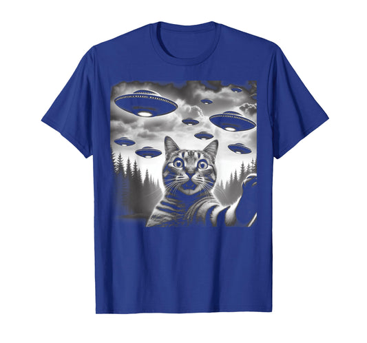 Funny Cat Selfie with UFOs T-Shirt for Men Women Kids