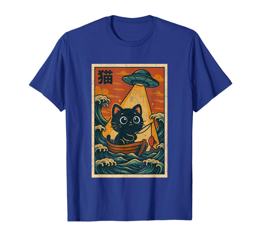 Vintage Japanese Anime Alien UFO Funny Kawaii Fishing Cat T-Shirt