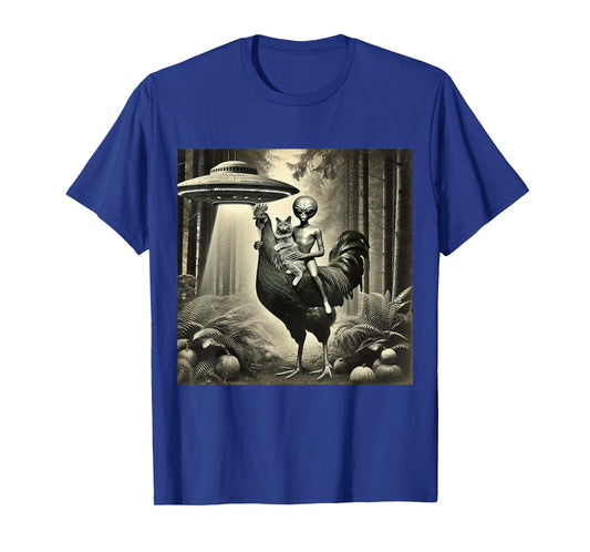 Funny UFO Alien and Cat Lovers Cat With Alien Riding Chicken Unisex-Adults, Unisex-Kids Black Short Sleeve T-Shirt