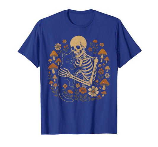 Cottagecore Aesthetic Floral Mushroom Skeleton Hugging Cat T-Shirt