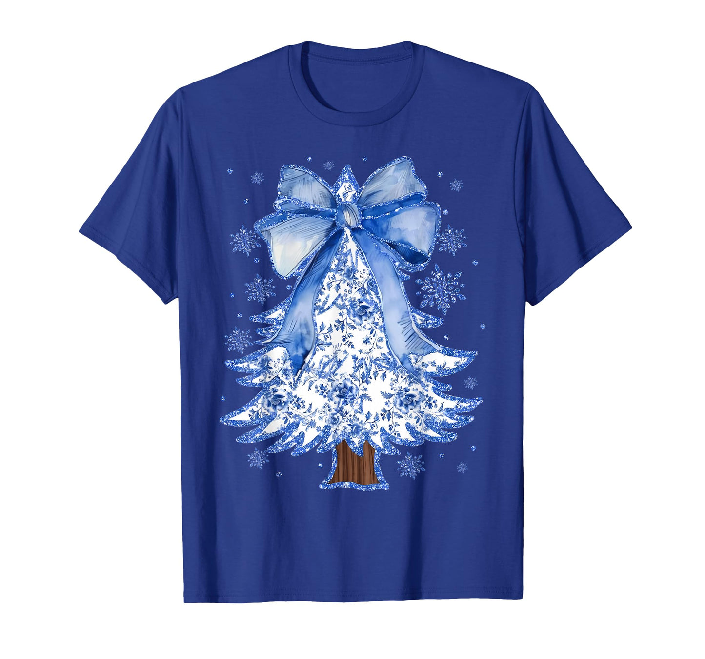 Women Christmas Tree Chinoiserie Blue Floral Coquette Bow T-Shirt