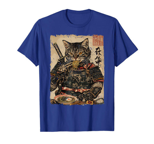 Samurai Cat Loves Ramen Funny Anime Japanese Artwork Samurai T-Shirt
