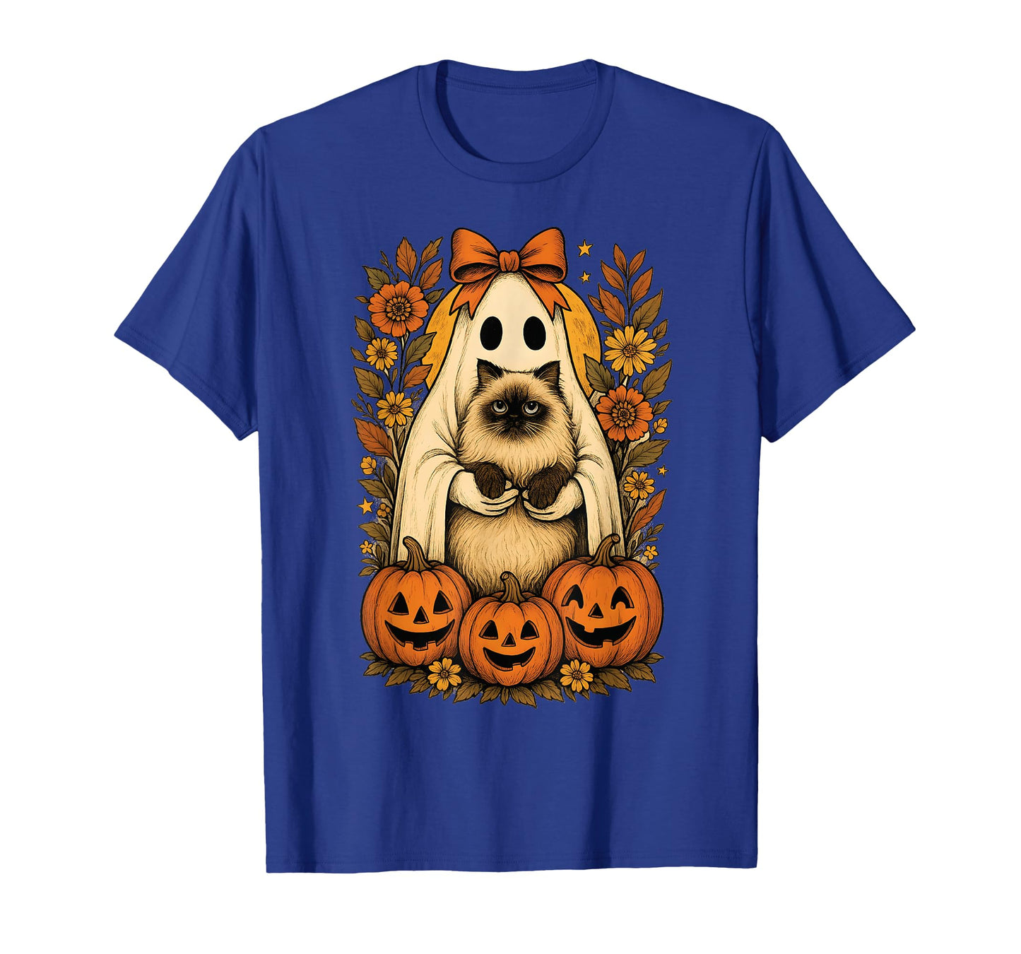 Vintage Ghost Holding Himalayan Cat with Pumpkins Halloween T-Shirt