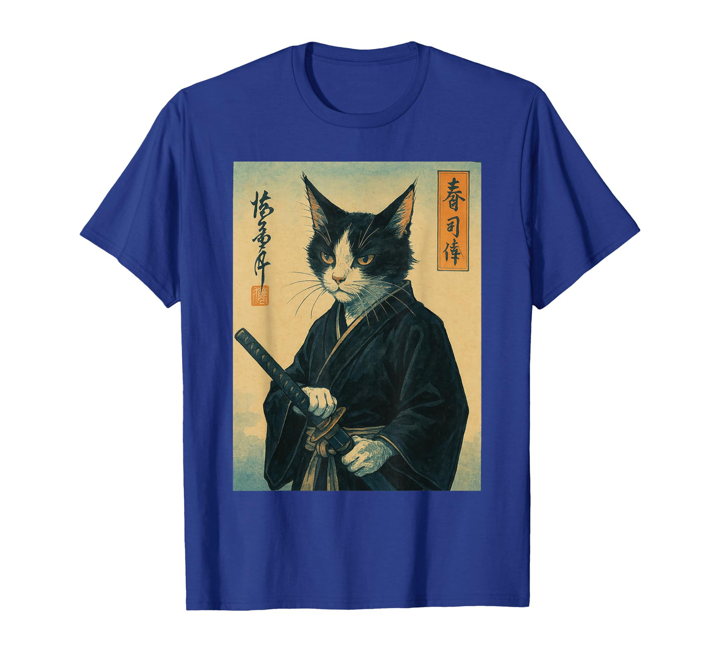 Samurai Cat Ukiyo-e Anime Japanese Graphic Woodblock Art T-Shirt