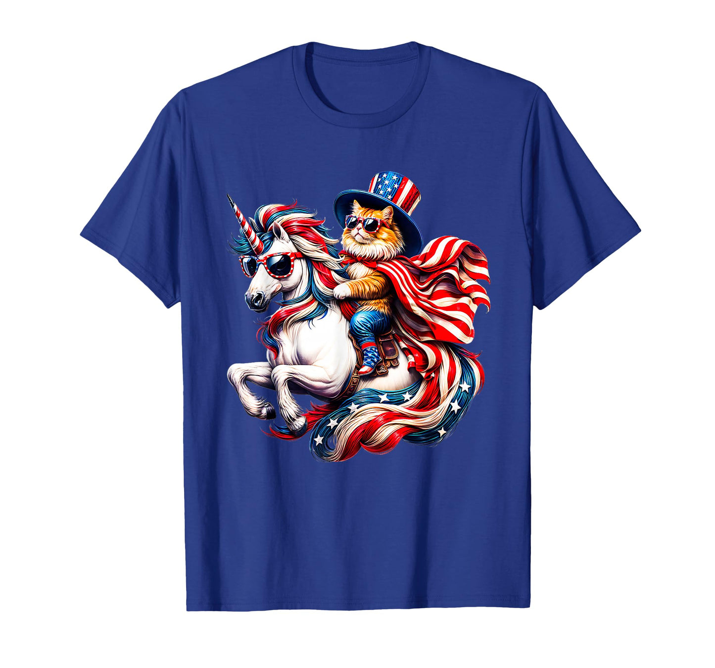 Cat Riding Unicorn USA Flag Patriotic 4th of July T-Shirt
