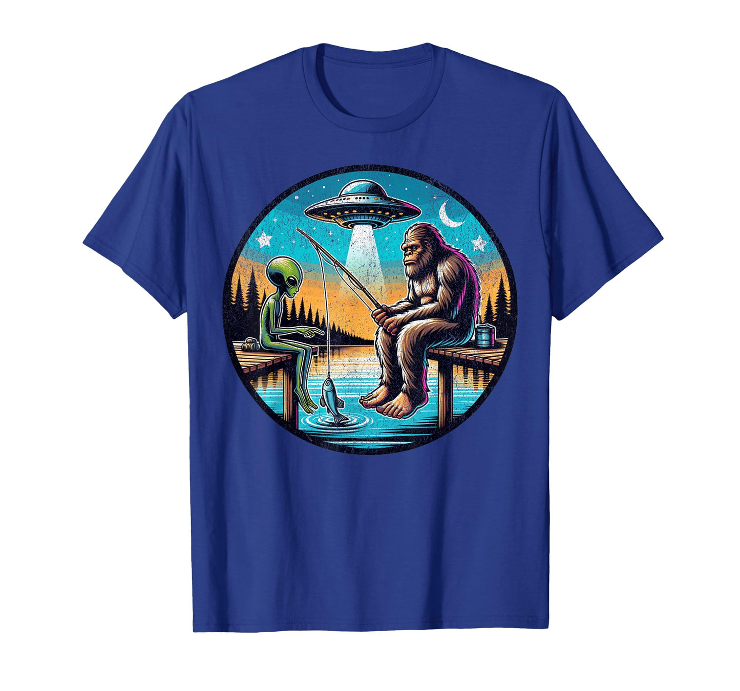 Funny Bigfoot And Alien Fishing. Bigfoot And Alien UFO T-Shirt