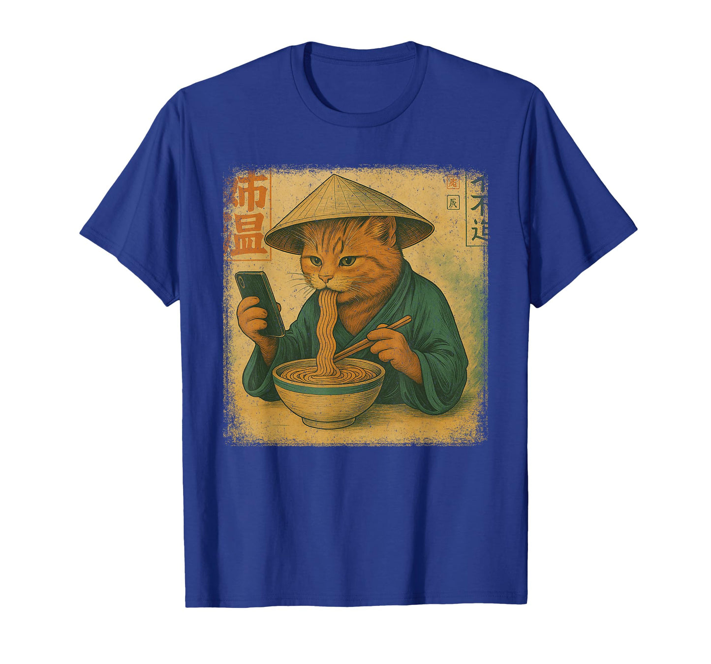Funny Japanese cat Eat Ramen and Scroll Phone Anime Kitten T-Shirt