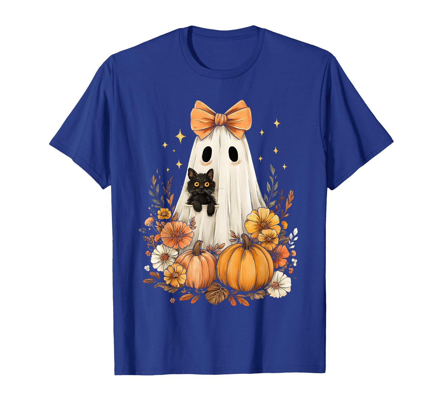 Halloween Vintage Cute Ghost Black Cat Pumpkins Floral T-Shirt