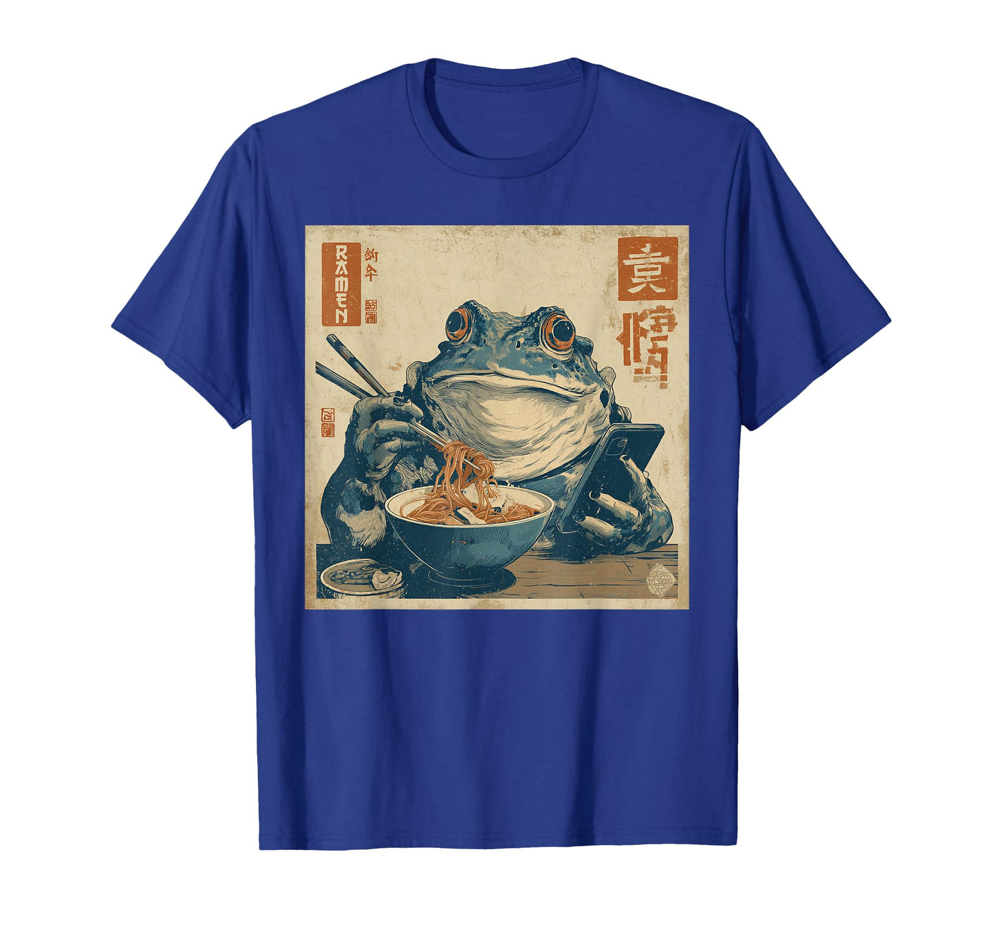Funny Grumpy Frog Eat Ramen and Scroll Phone Japanese Art T-Shirt