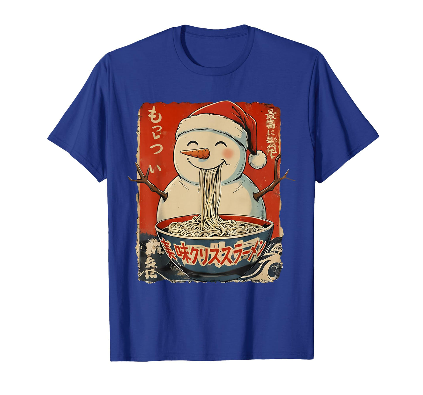 Snowman Eating Ramen Noodles Ukiyo-e Inspired Christmas T-Shirt