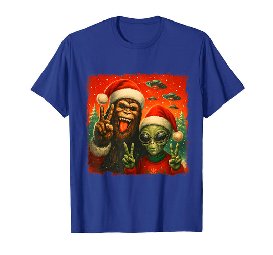 Funny Christmas Bigfoot & Alien Sasquatch Rock On Hand Sign T-Shirt