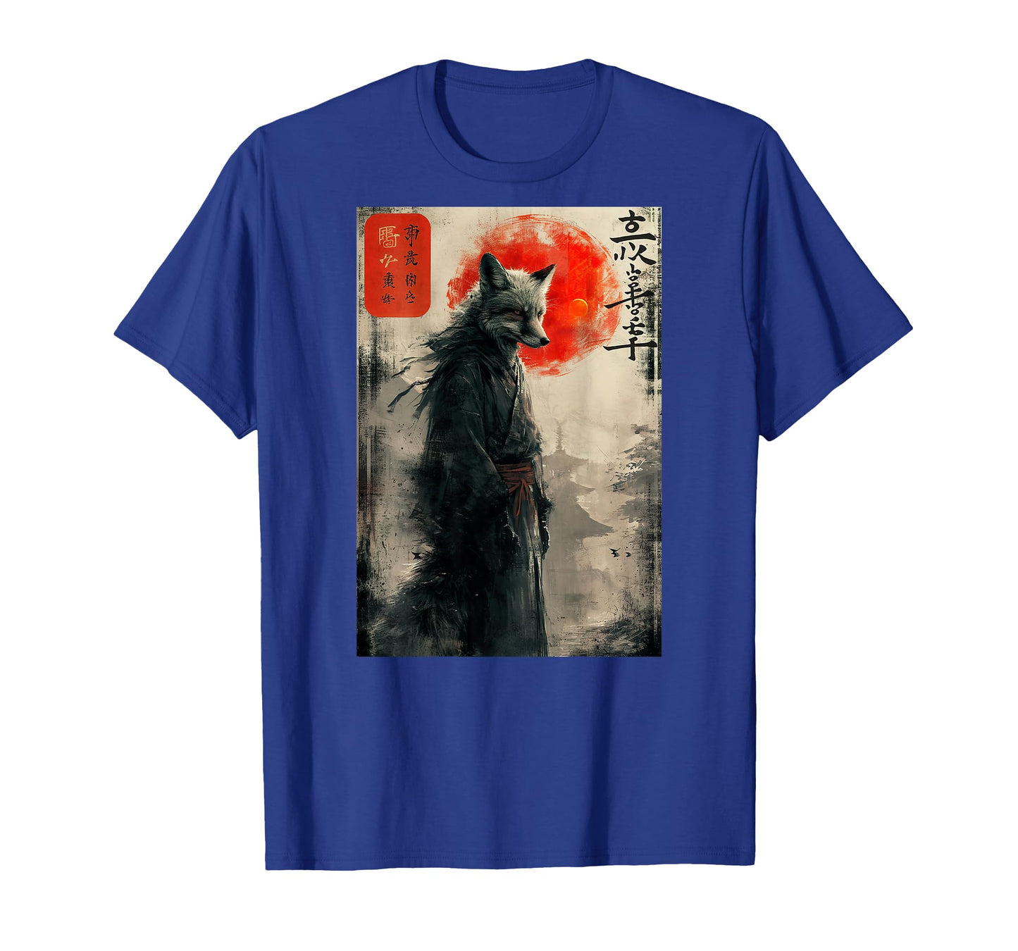 Japanese Woodblock Art of a Samurai Fox with Japanese (Back) T-Shirt