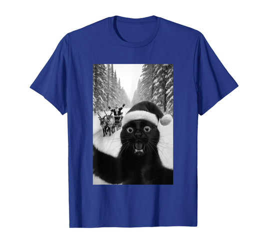 Funny Black Cat Selfie with Santa Christmas T-Shirt