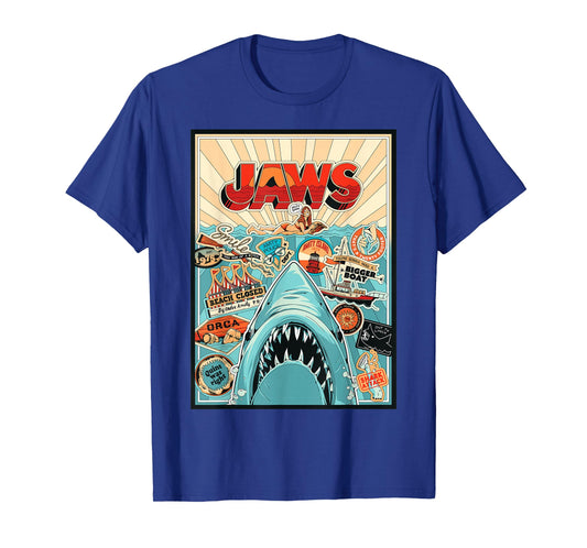 Jaws 50th Anniversary Poster Amity Sticker Collage 2-Sided T-Shirt