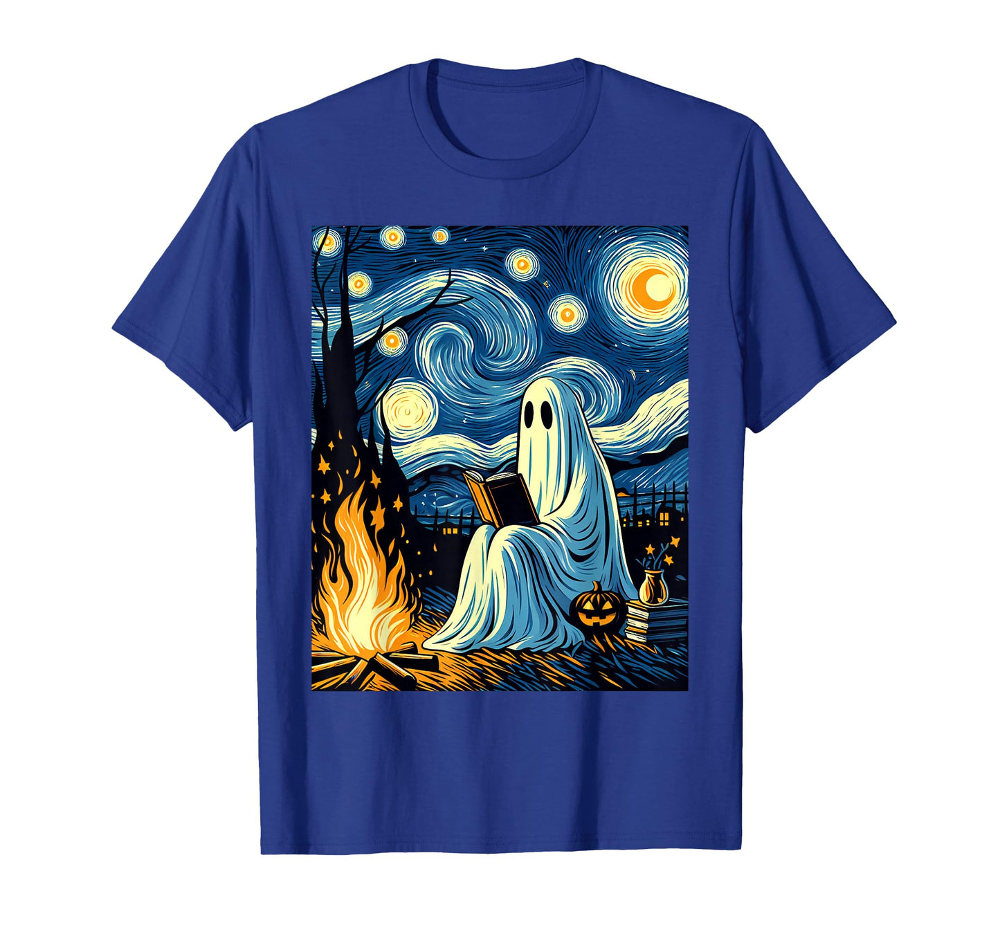 Ghost Book Reading Camping Halloween Van Gogh Starry Night T-Shirt