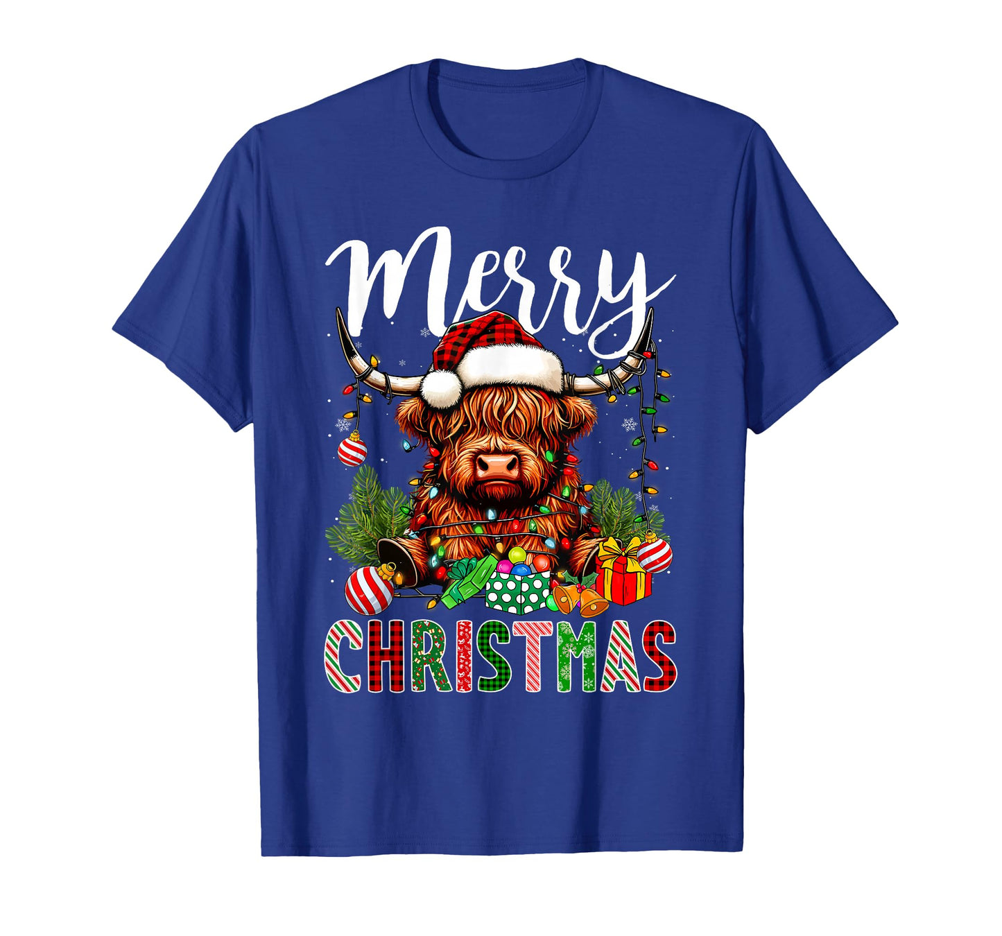 Merry Christmas Pajamas Highland Cow Christmas Tree Lights T-Shirt