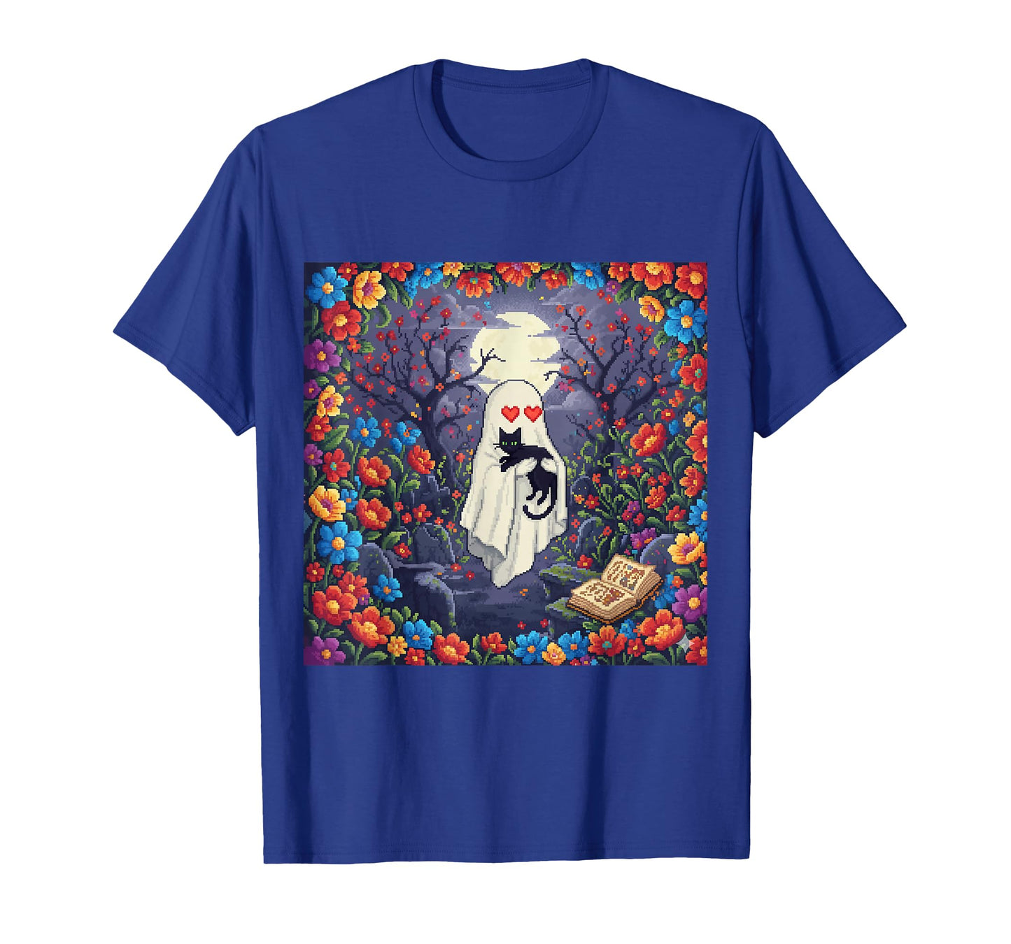 Funny Ghost with Heart Eyes Hug Black Cat in Flower Pixel T-Shirt