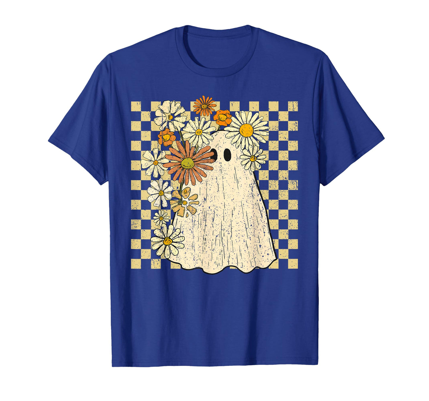 Retro Vintage Ghost Floral Checkered Halloween Womens Girls T-Shirt