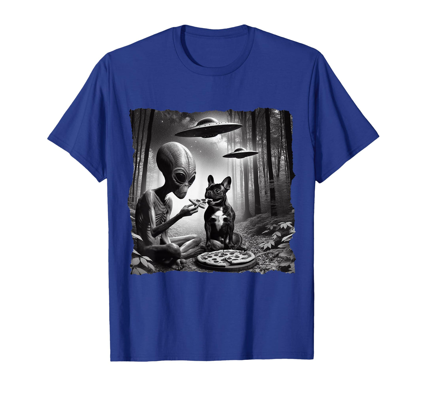 French Bulldog With Alien Eating Pizza. UFO French Bulldog T-Shirt