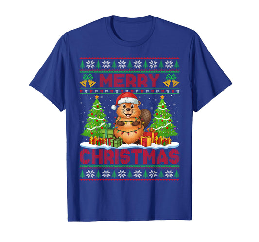 Beaver Ugly Christmas Sweaters Cute Santa Hat Lights Xmas T-Shirt