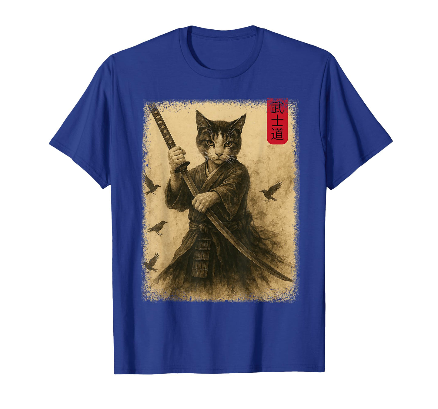 Samurai Cat Graphic Warrior Vintage Japanese Cat Anime T-Shirt