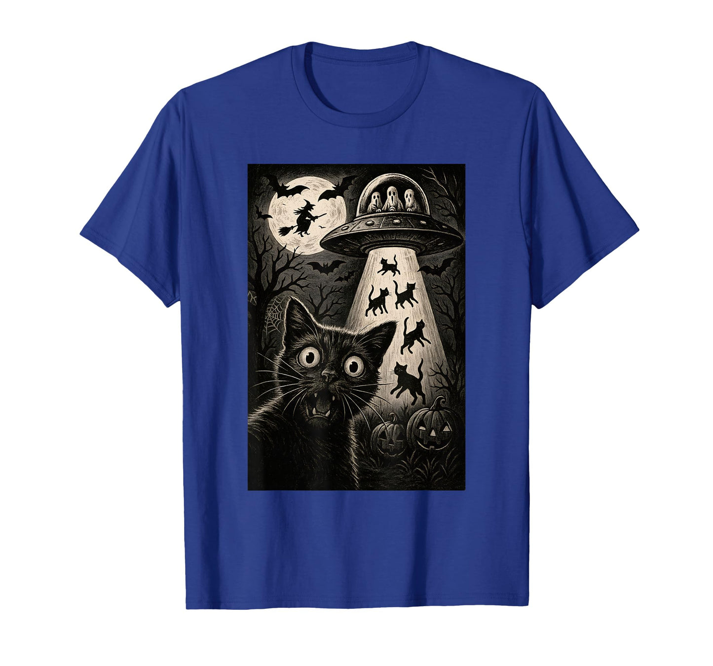 Halloween Cat Selfie Scary Alien Abduction Cats UFO Flying T-Shirt