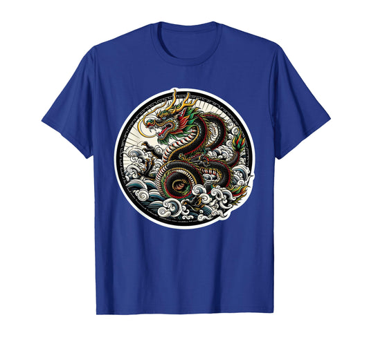 xDevery Asian Dragon Green Lucky Tattoo Design Colourful Vivid T-Shirt, Small, Black
