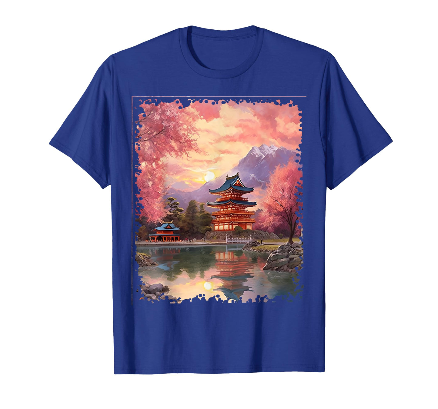 Vintage Japanese Flower Tee Mountain View Landscape Graphic T-Shirt