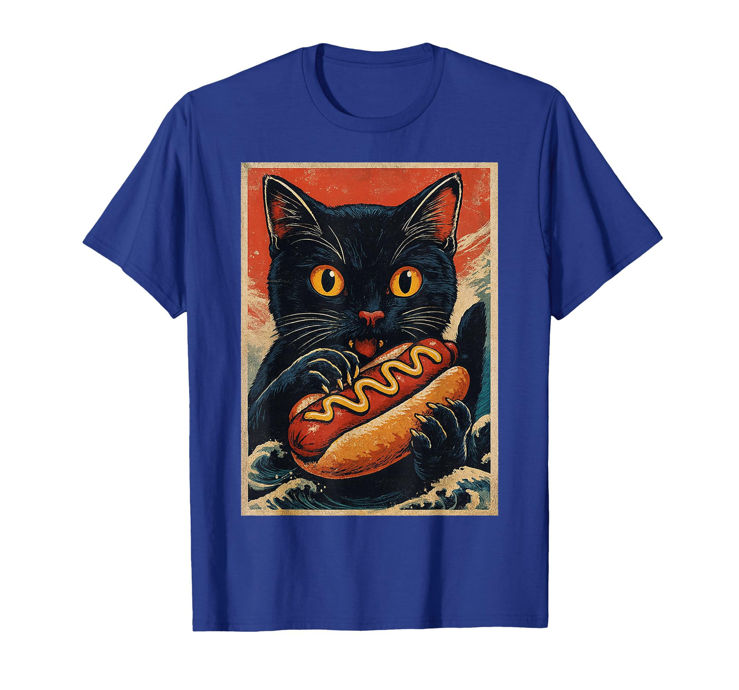 Funny Black Cat Eating Hot Dog Retro Japanese T-Shirt