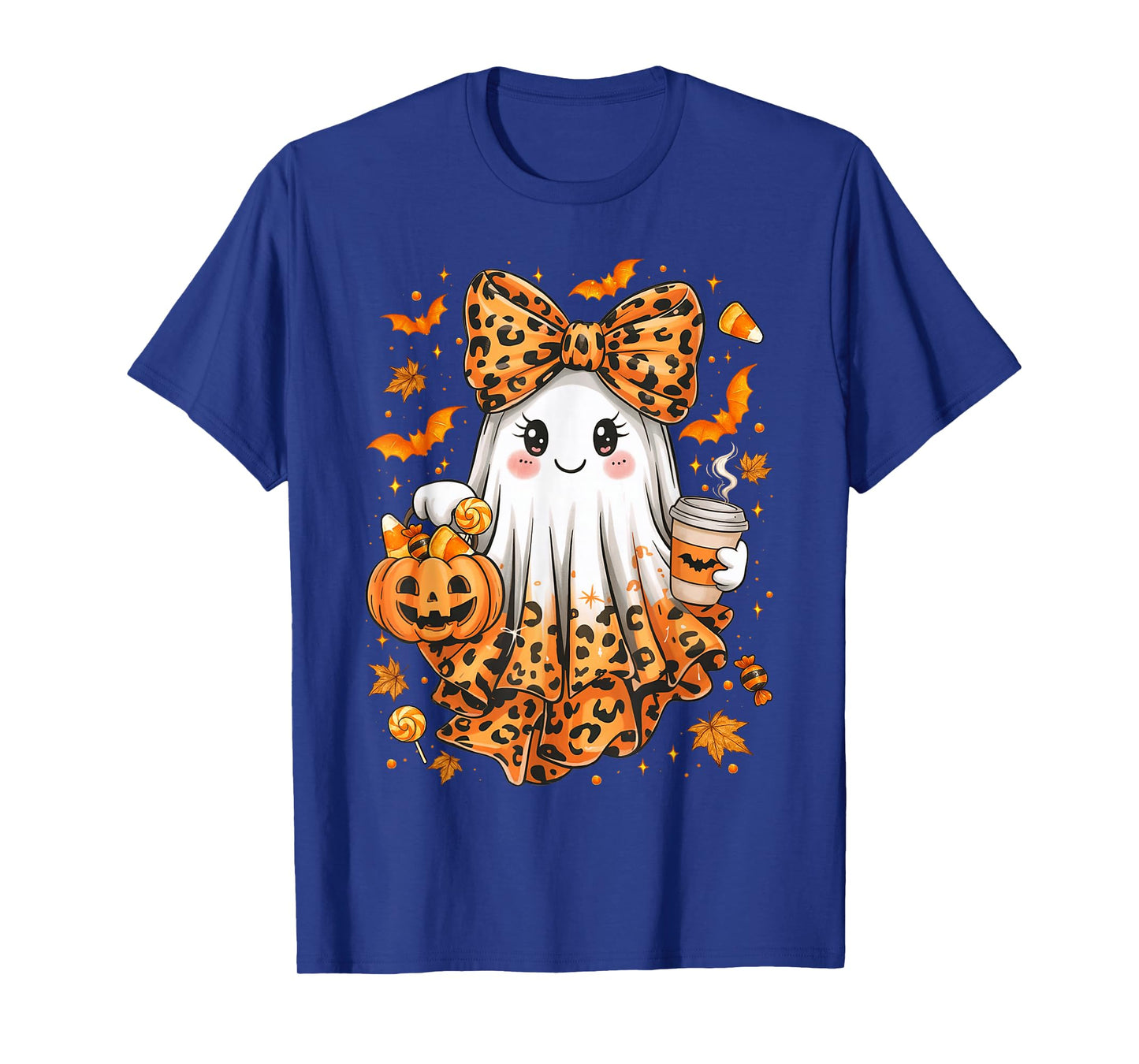Leopard Ghost Drinking Coffee Halloween Ghost Coffee Women T-Shirt