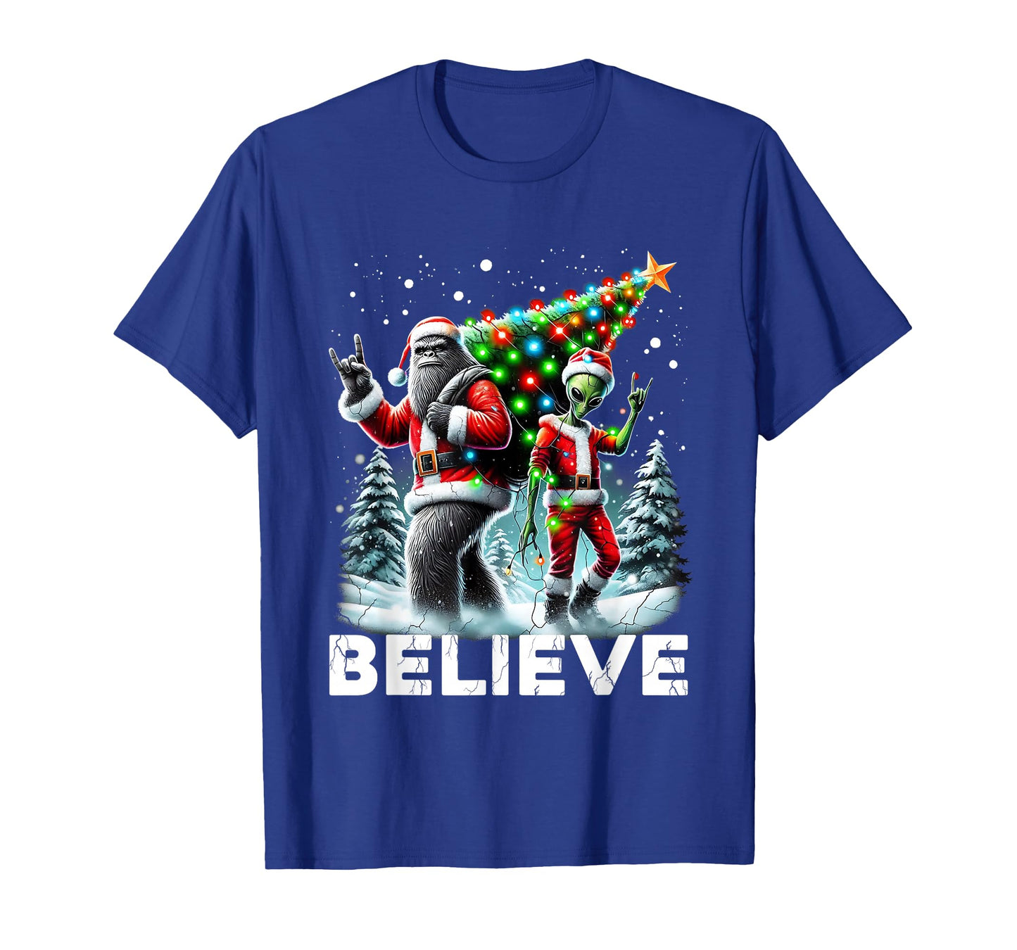 Believe Funny Alien and Bigfoot Christmas Design T-Shirt