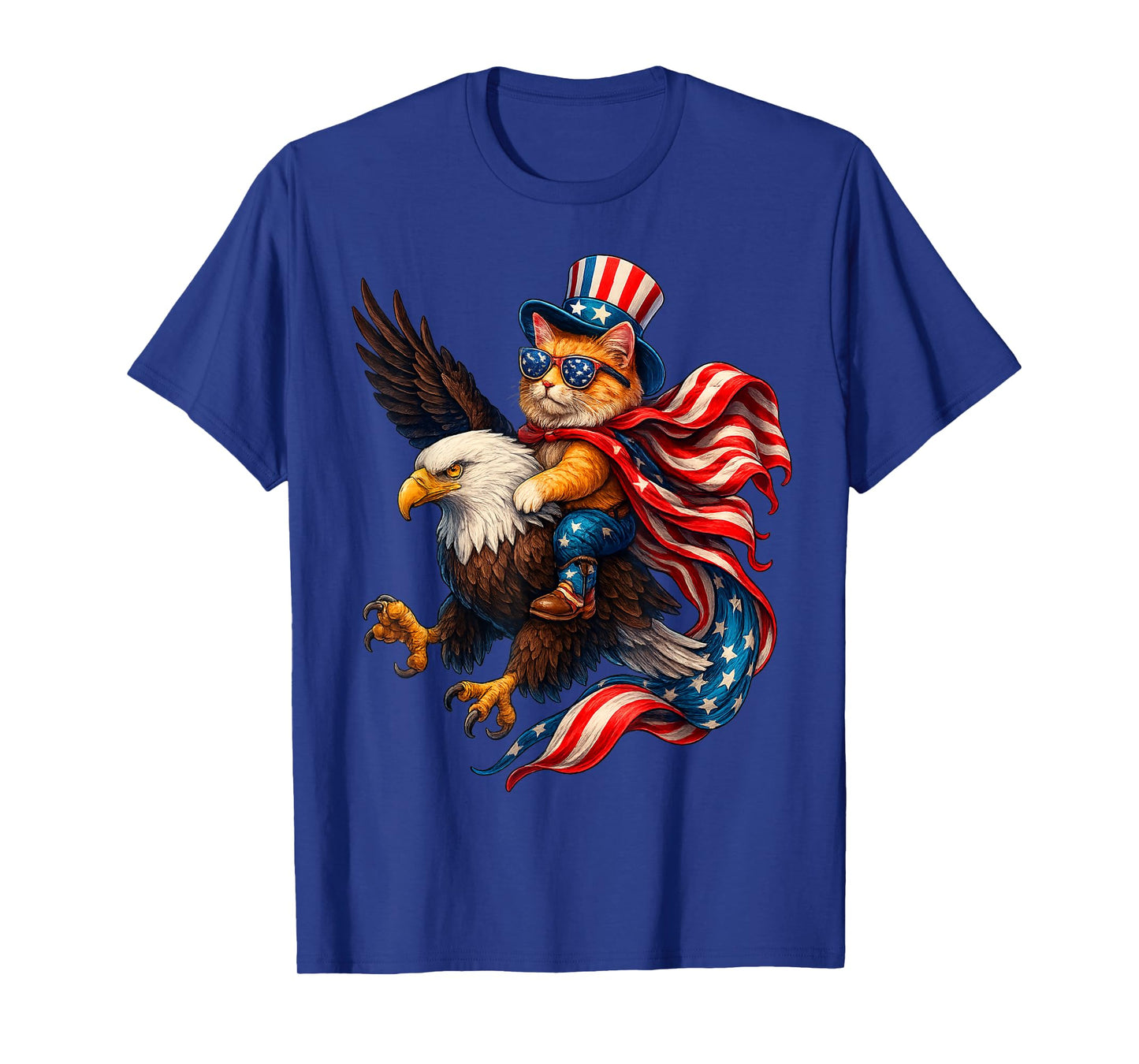 Patriotic Cat Riding Eagle Funny 4th of July American Flag T-Shirt