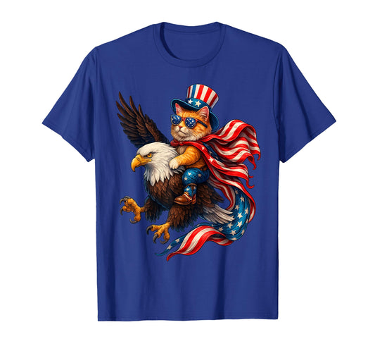 Patriotic Cat Riding Eagle Funny 4th of July American Flag T-Shirt