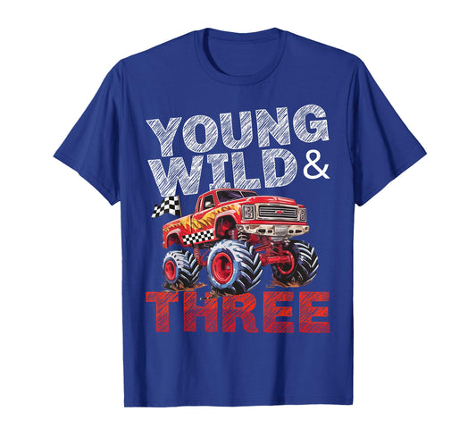 Kids 3rd Birthday Monster Trucks Young Wild and Three 3 Boys T-Shirt
