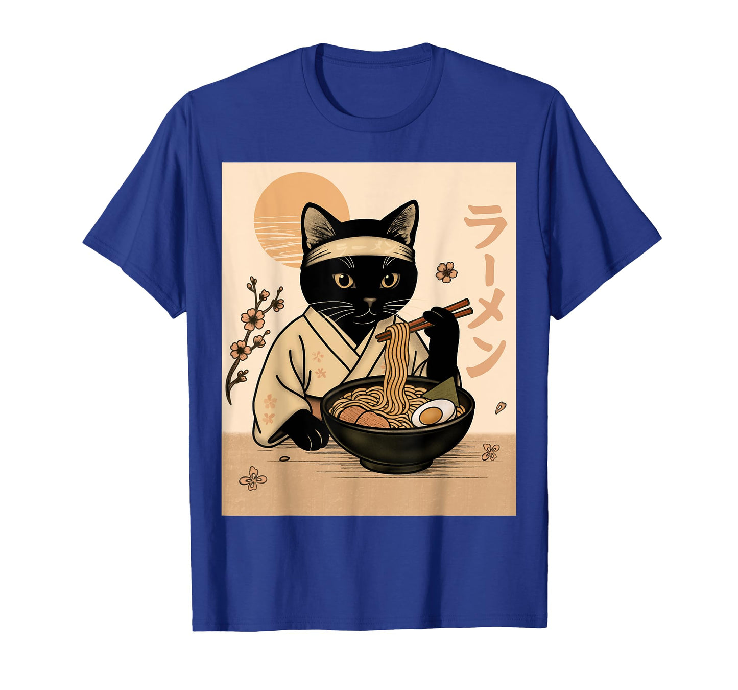 Samurai Cat Eating Ramen in Kimono Japanese Food Art T-Shirt