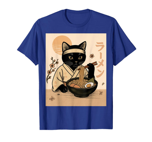 Samurai Cat Eating Ramen in Kimono Japanese Food Art T-Shirt