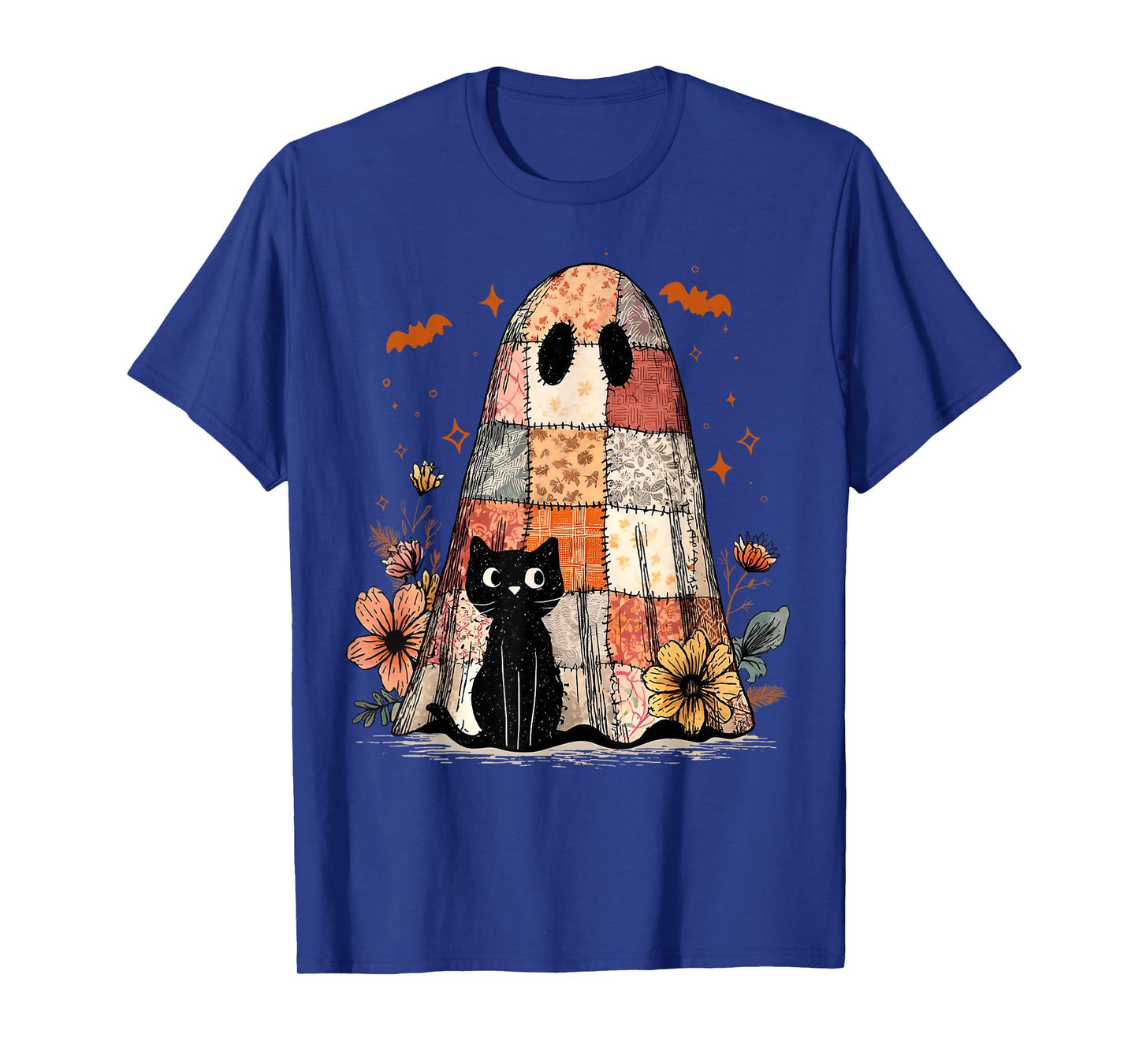 Happy Halloween Cute Ghost Patchwork Black Cat Spooky Season T-Shirt