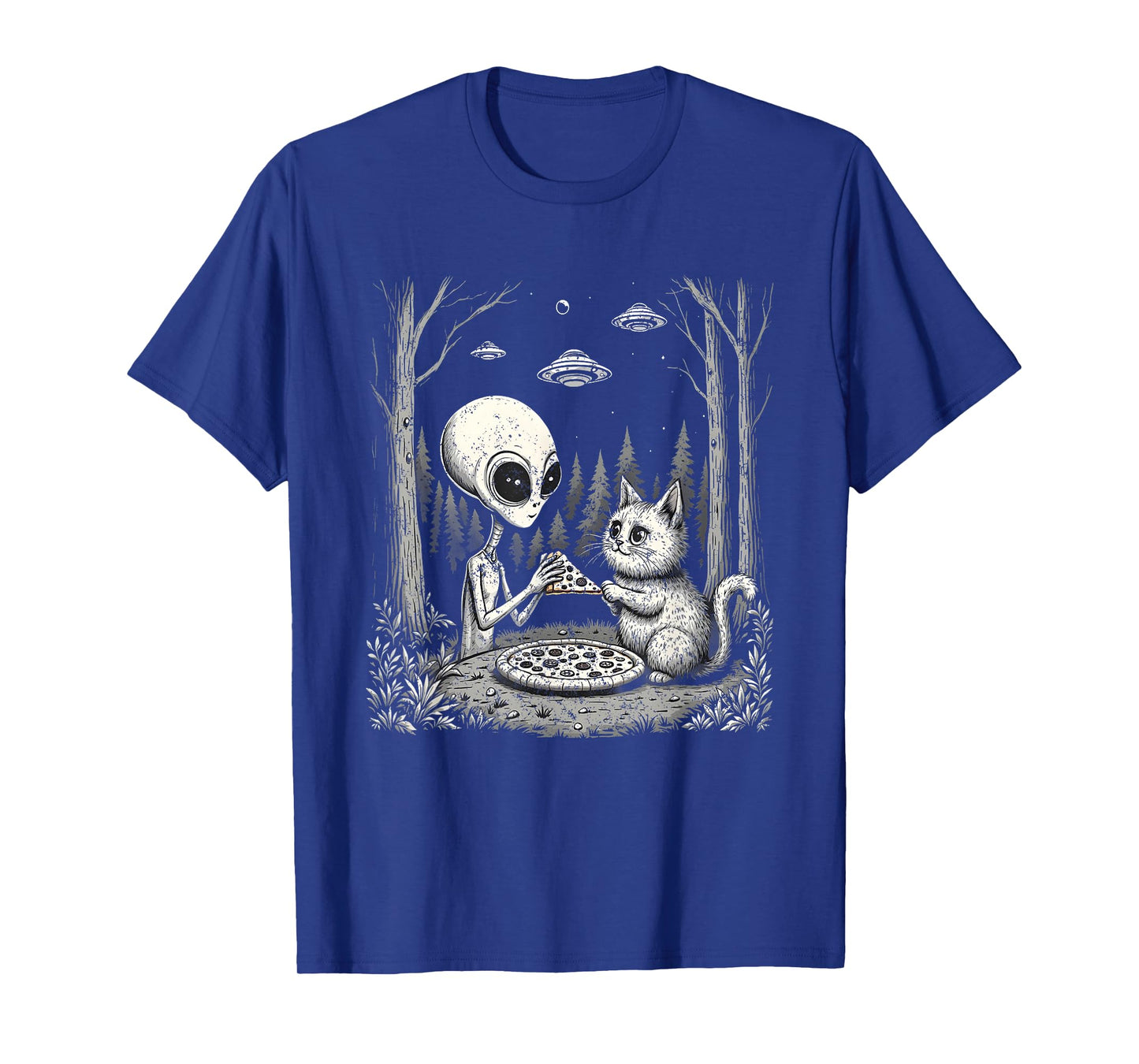 Alien And Cat Eating Pizza Funny Snack Food Men Women Kids T-Shirt