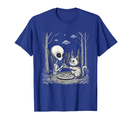 Alien And Cat Eating Pizza Funny Snack Food Men Women Kids T-Shirt