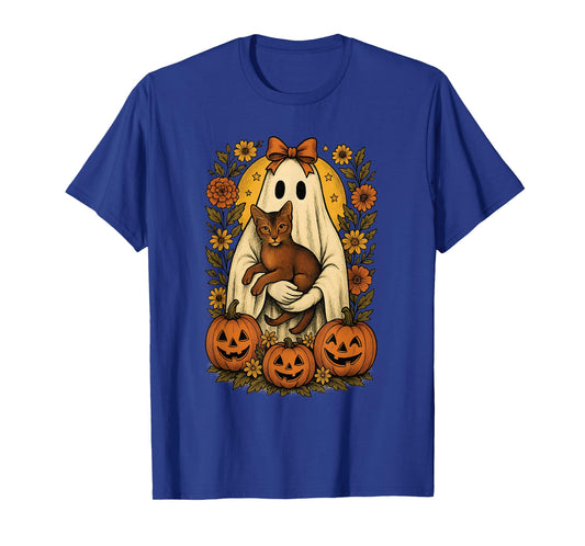 Vintage Ghost Holding Abyssinian Cat with Pumpkins Halloween T-Shirt