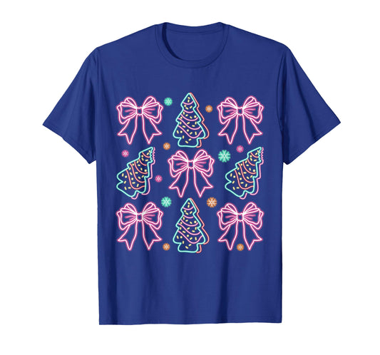 Neon Coquette Bow Santa Christmas Tree Cake Girly Xmas Women T-Shirt