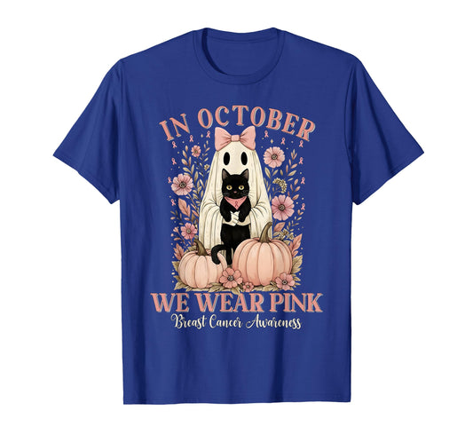 in October We Wear Pink Ghost Halloween Cat Breast Cancer T-Shirt