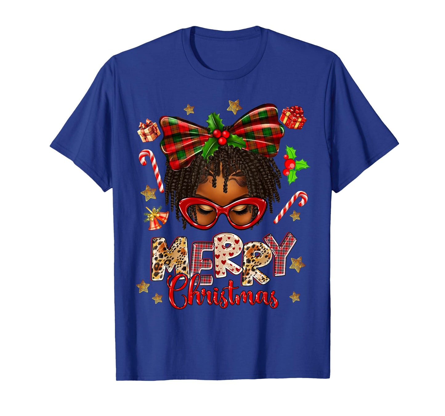African American Woman Locs Hair Santa Hat Merry Christmas T-Shirt