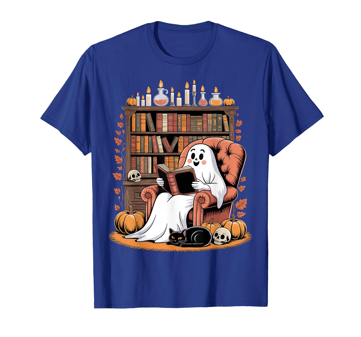 Retro Ghost Reading Books cat, Librarian Ghost Halloween T-Shirt