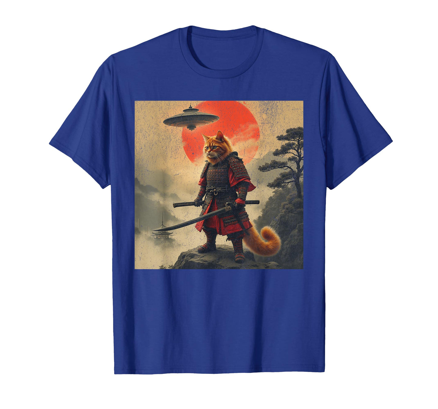 Samurai Orange Cat Warrior Japanese UFO Vintage Ukiyo-e Art T-Shirt