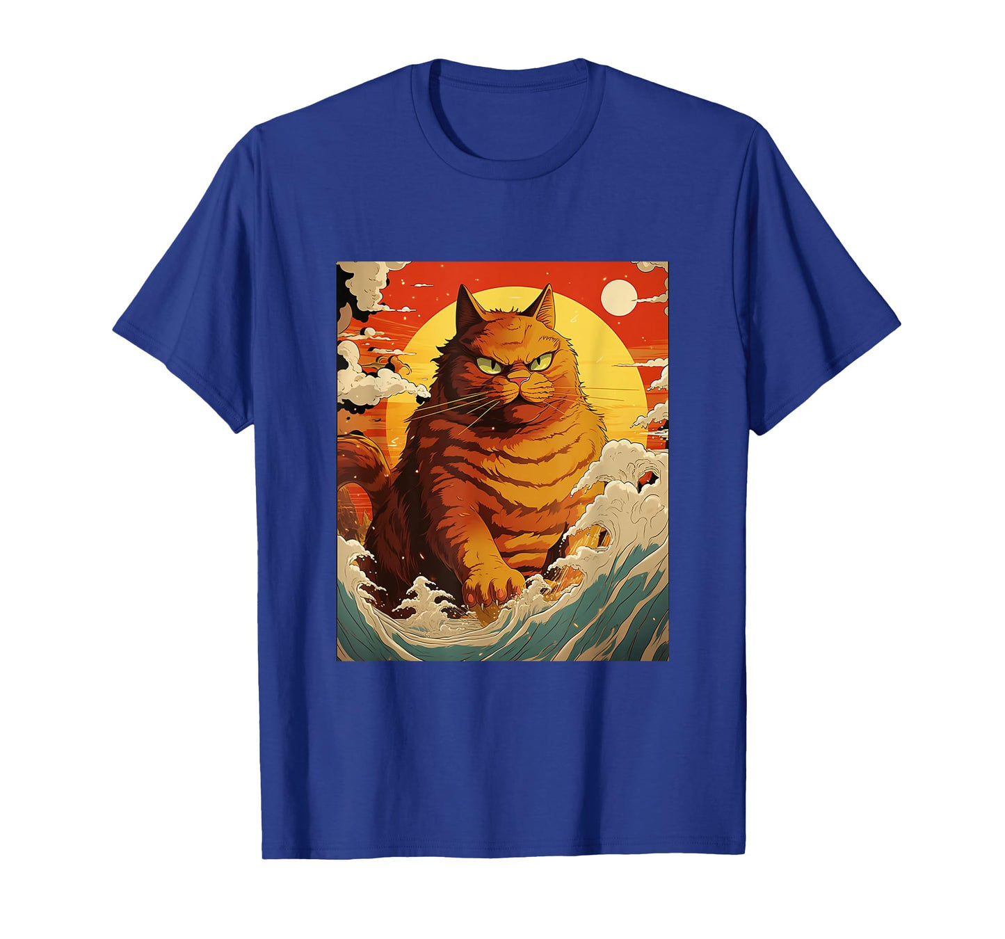 Catzilla Vintage Funny Cute Cat Art Japanese Sunset Waves T-Shirt for Men Women